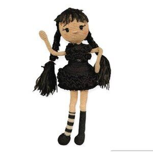 Wednesday Addams Doll Crochet Knit Creepy Goth Girl Handcrafted Emo Posable 14"